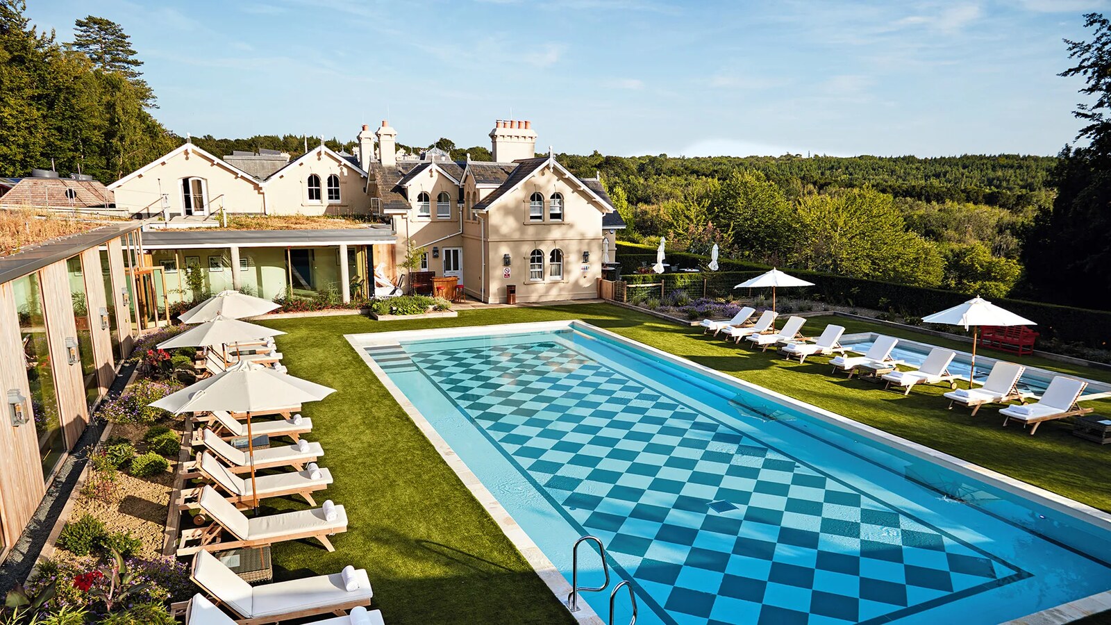 Beaverbrook — the outdoor checkerboard pool and loungers
