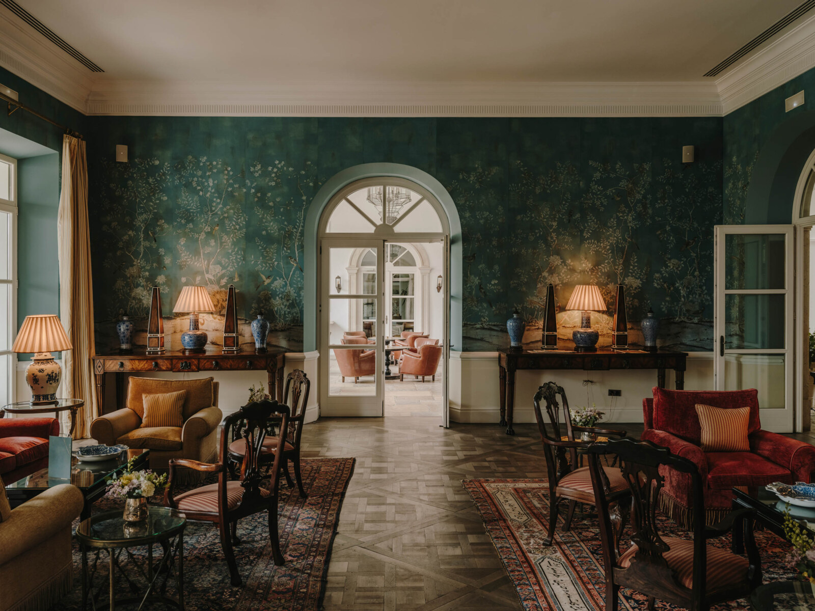 Finca Cortes&iacute;n &mdash; the drawing room in botanical green