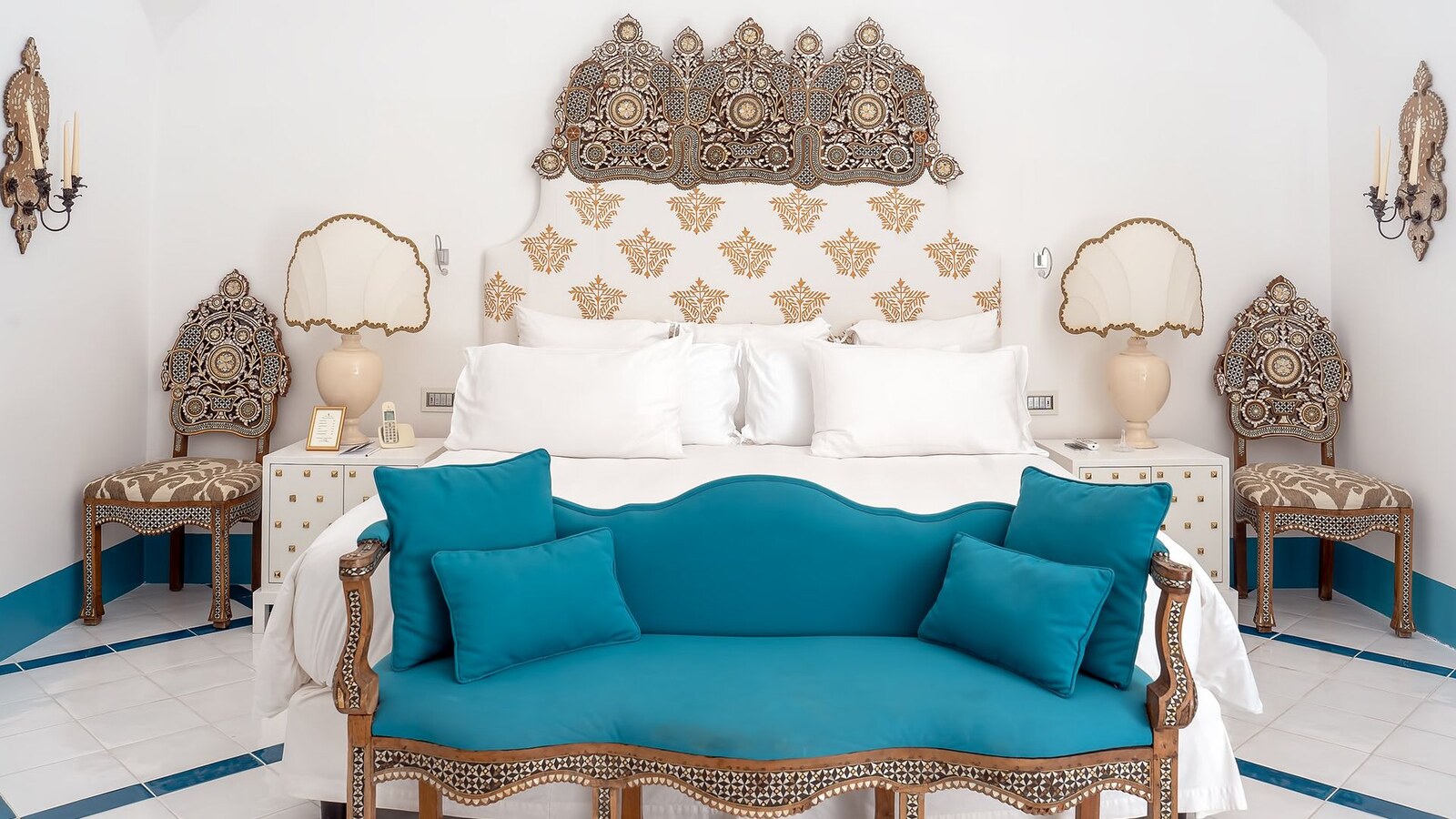 Villa Treville &mdash; a suite with Moorish tilework and turquoise upholstery