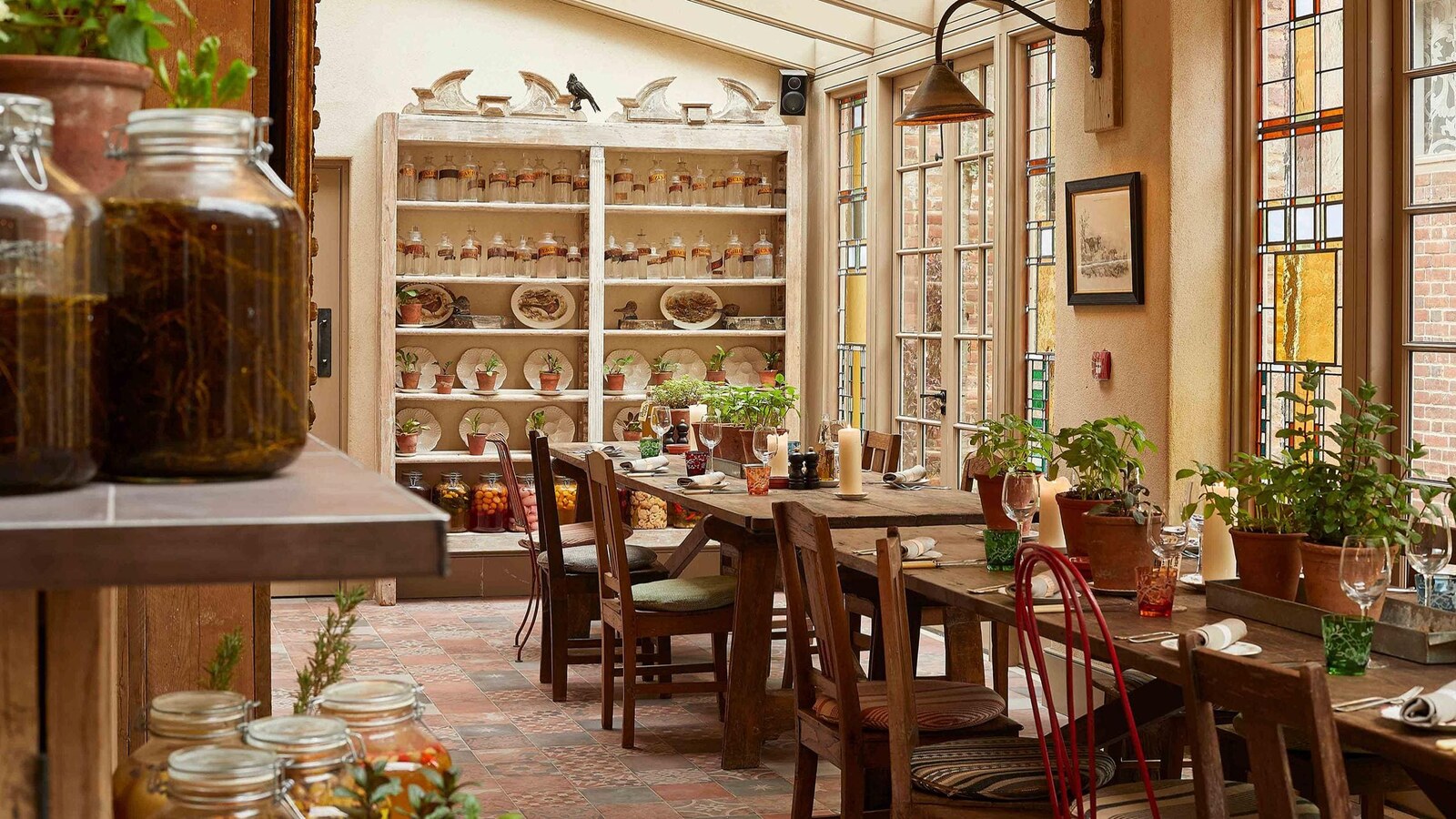 The Pig — the conservatory dining room lined with apothecary jars and herbs