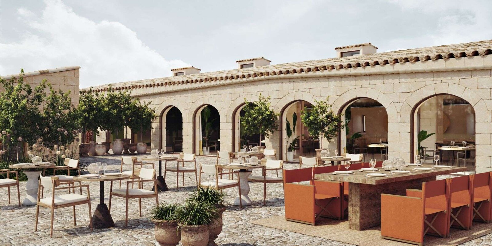 Vestige Son Vell — the Vermell restaurant terrace under stone arches